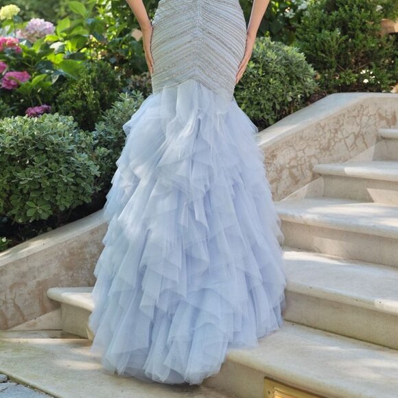 New Blue Sleeveless Evening Dress w/ Ruffled Skirt & Beaded Design CD A1493 - Picture 9 of 9